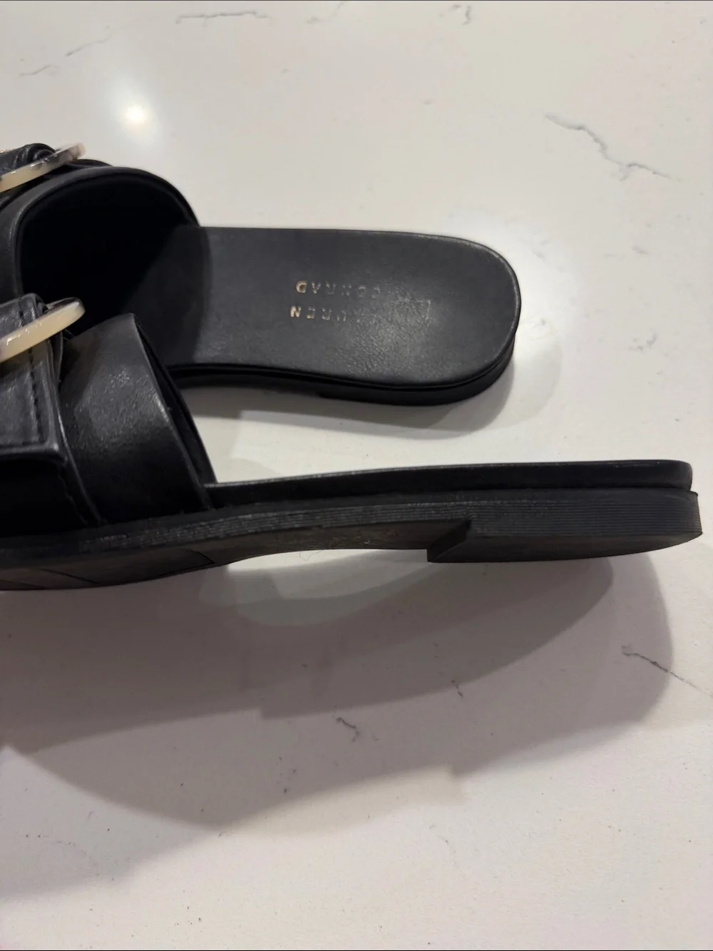 LC Lauren Conrad Henna Black Slide Sandals, Tortoiseshell Circle Buckle. Size 9.